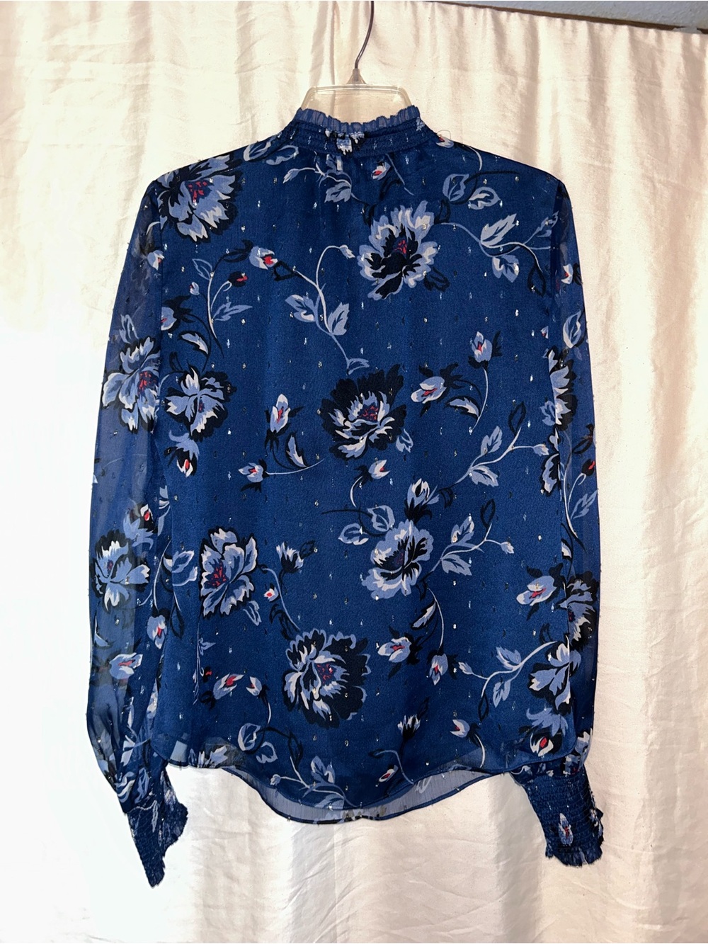 WHBM Blue Ruffle Neck Blouse with Sheer Sleeves - Picture 3 of 17